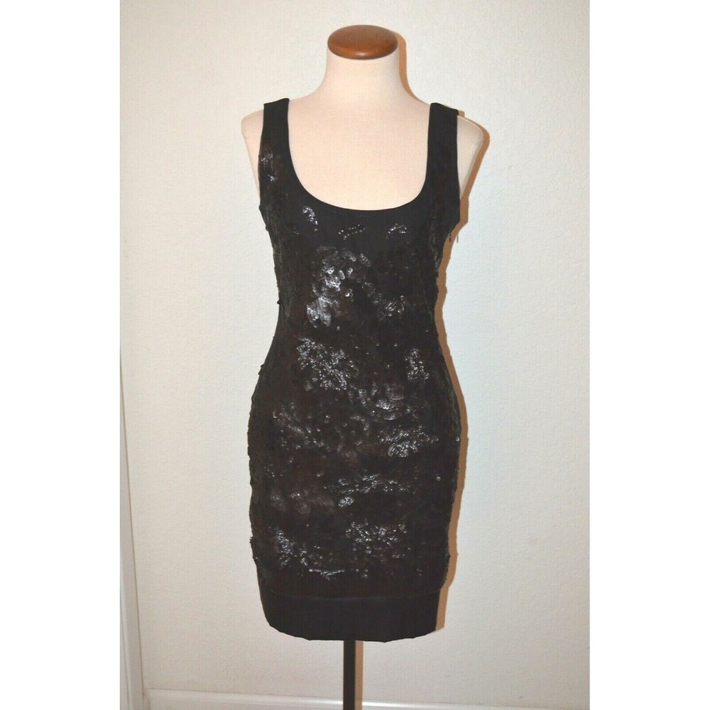 HALE BOB Black Sequin Dress LBD Stretch Knit Low Scoop Back Side Zip Size S